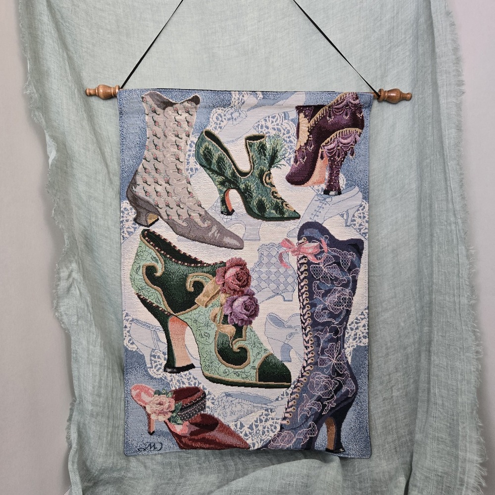 Victorian Themed Wall Hanging Tapestry Girlie Shoes Boots Rod & Ribbon 17" X 25"